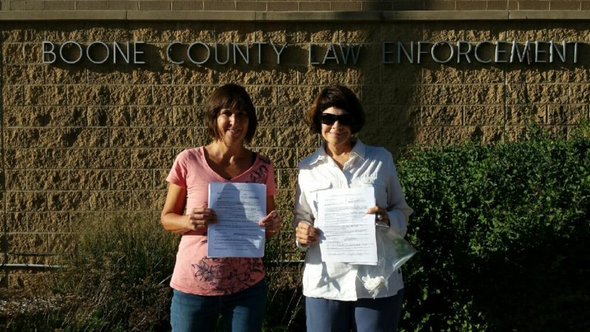 Landowners Kathy Holdefer and Cyndy Coppola released after booking at Boone County jail after direct action to stop construction on the Dakota Access pipeline. 